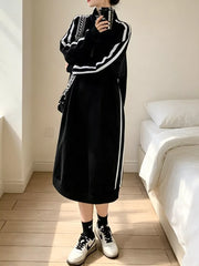 Casual Quarter-zip Mock Neck Midi Dress in Black, front view