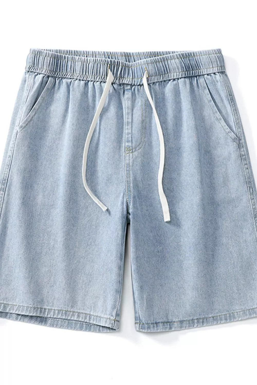 Light blue denim shorts for men with drawstring and elastic waist.