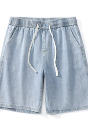 Light blue denim shorts for men with drawstring and elastic waist.