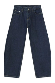 Faded baggy denim trousers in dark blue, featuring a classic five-pocket design and wide legs.
