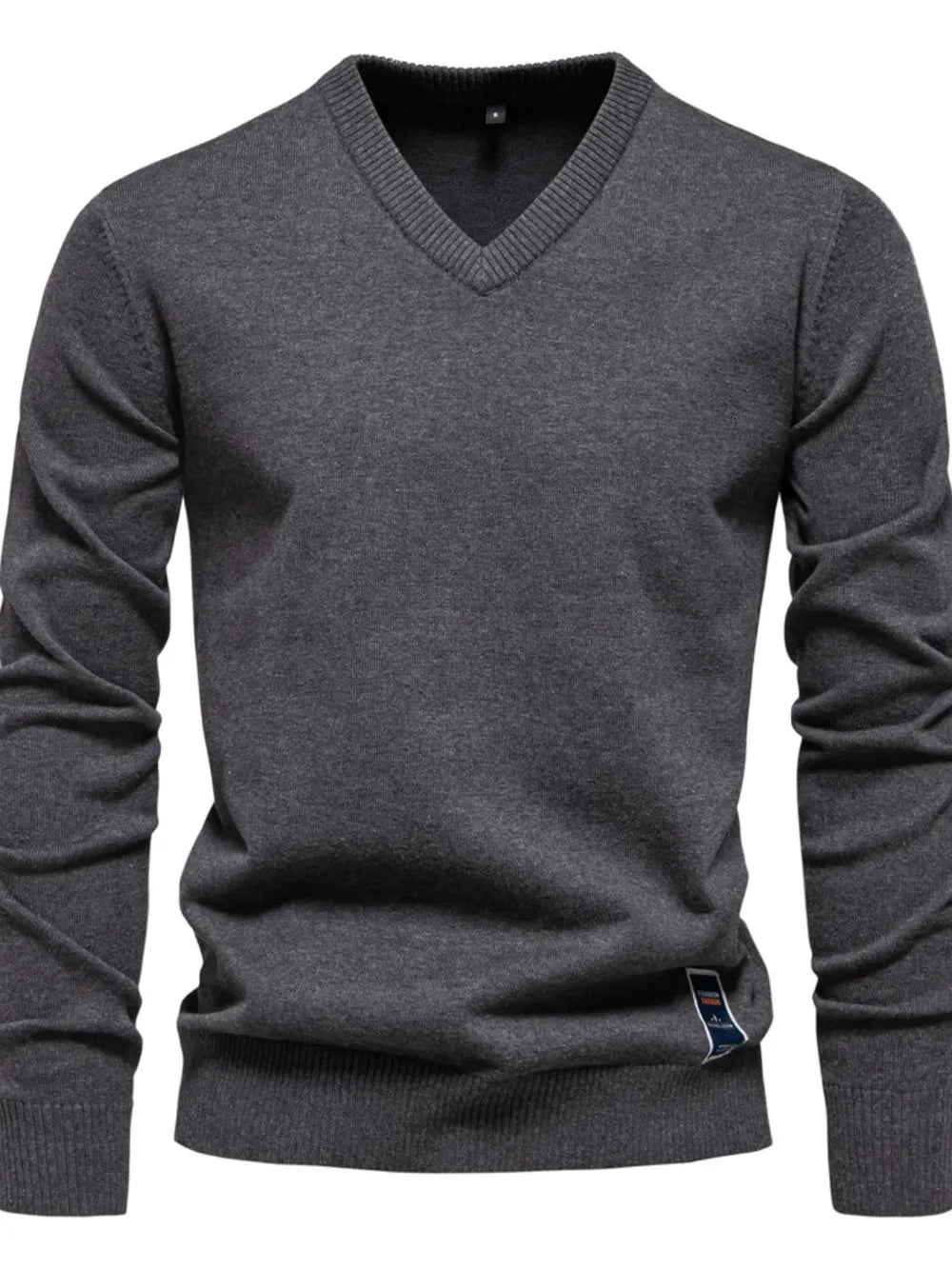 Dark Gray ribbed knit V-neck sweater with a small logo tag on the hem.