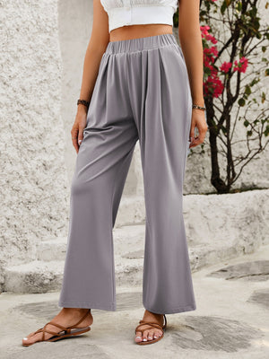 Gray FlexiFit wide leg trousers with elastic waist and subtle pleats.
