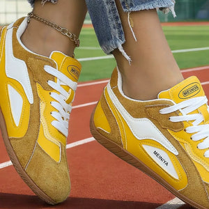 Round Toe Lace Up Sneakers in White, model styling view
