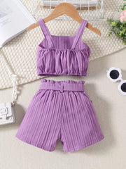 Violet ruffled ribbed toddler two-piece set with square neck crop top and belted shorts.