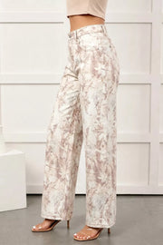 Abstract print high-waisted wide-leg jeans in beige cotton, featuring a relaxed fit.