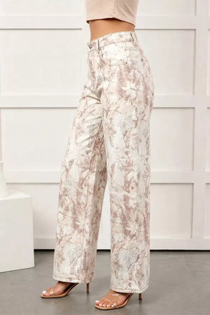 Abstract print high-waisted wide-leg jeans in beige cotton, featuring a relaxed fit.