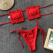 Red ruffle bandeau bikini set with tie-side bottoms