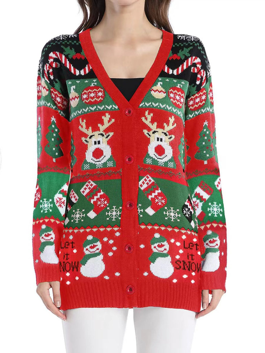 Festive Fair Isle button-up cardigan in red with reindeer, snowmen, and candy cane pattern.