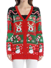 Festive Fair Isle button-up cardigan in red with reindeer, snowmen, and candy cane pattern.