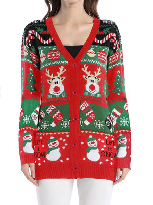 Festive Fair Isle button-up cardigan in red with reindeer, snowmen, and candy cane pattern.