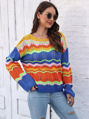 Rainbow wave crochet sweater with colorful stripes and open knit detail.