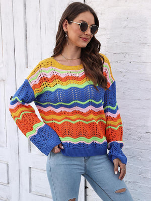 Rainbow wave crochet sweater with colorful stripes and open knit detail.