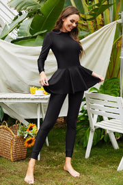 Black long sleeve swimsuit with flounce hem and leggings