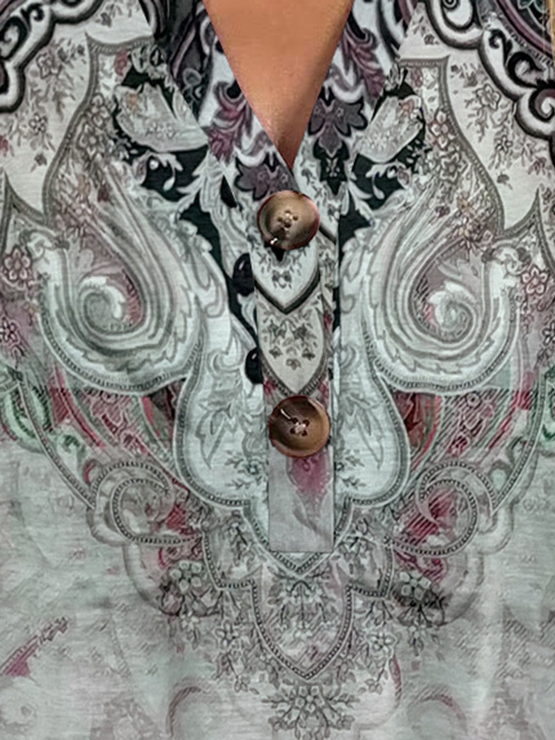Bohemian tapestry henley blouse with paisley print and button detail