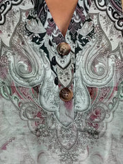Bohemian tapestry henley blouse with paisley print and button detail