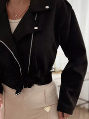 Cropped Biker Jacket With Belt Detail in Black, close-up detail