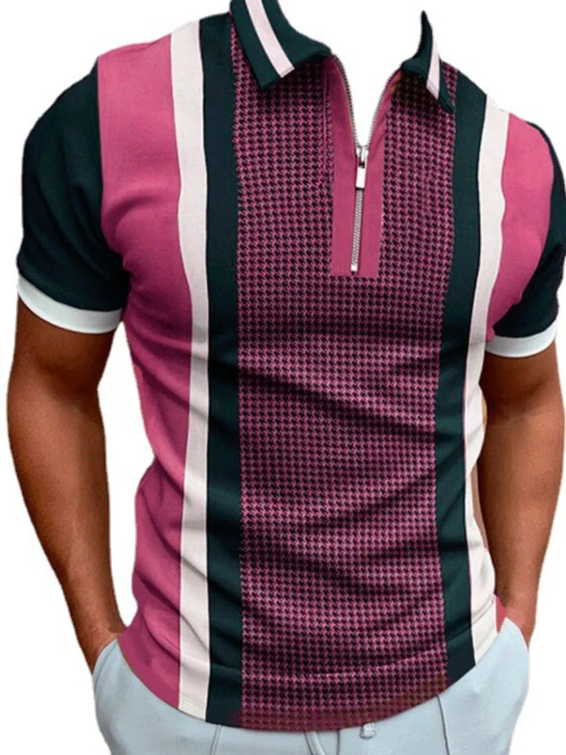 Houndstooth panel zip polo shirt with short sleeves and a striped design in pink, green, and white.