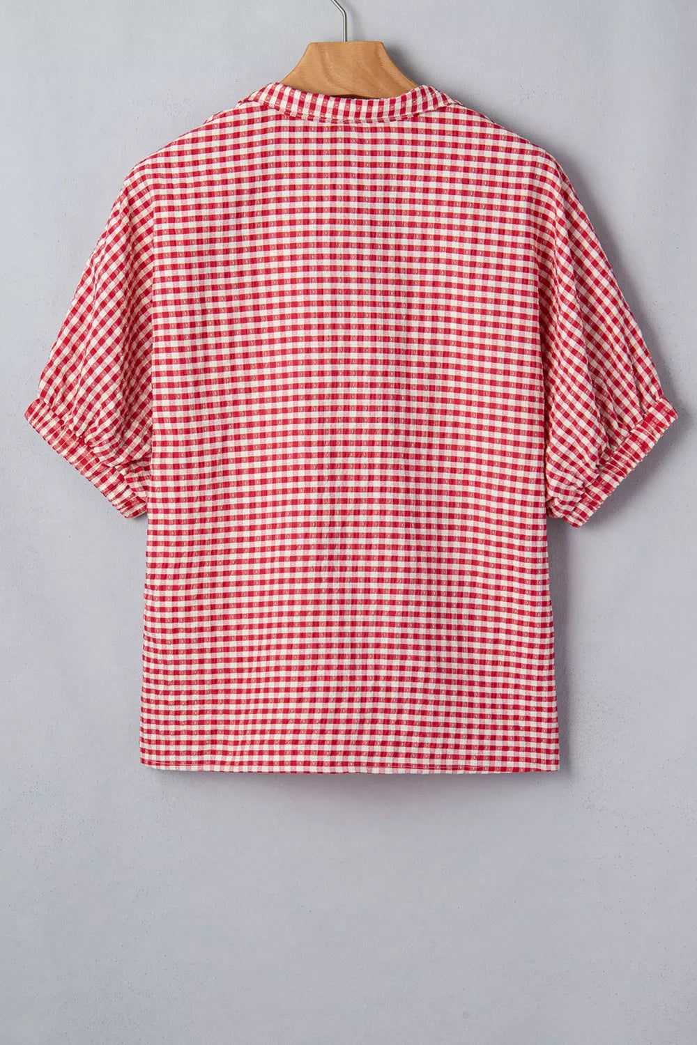 Strawberry gingham checkered maternity overshirt with half sleeves.