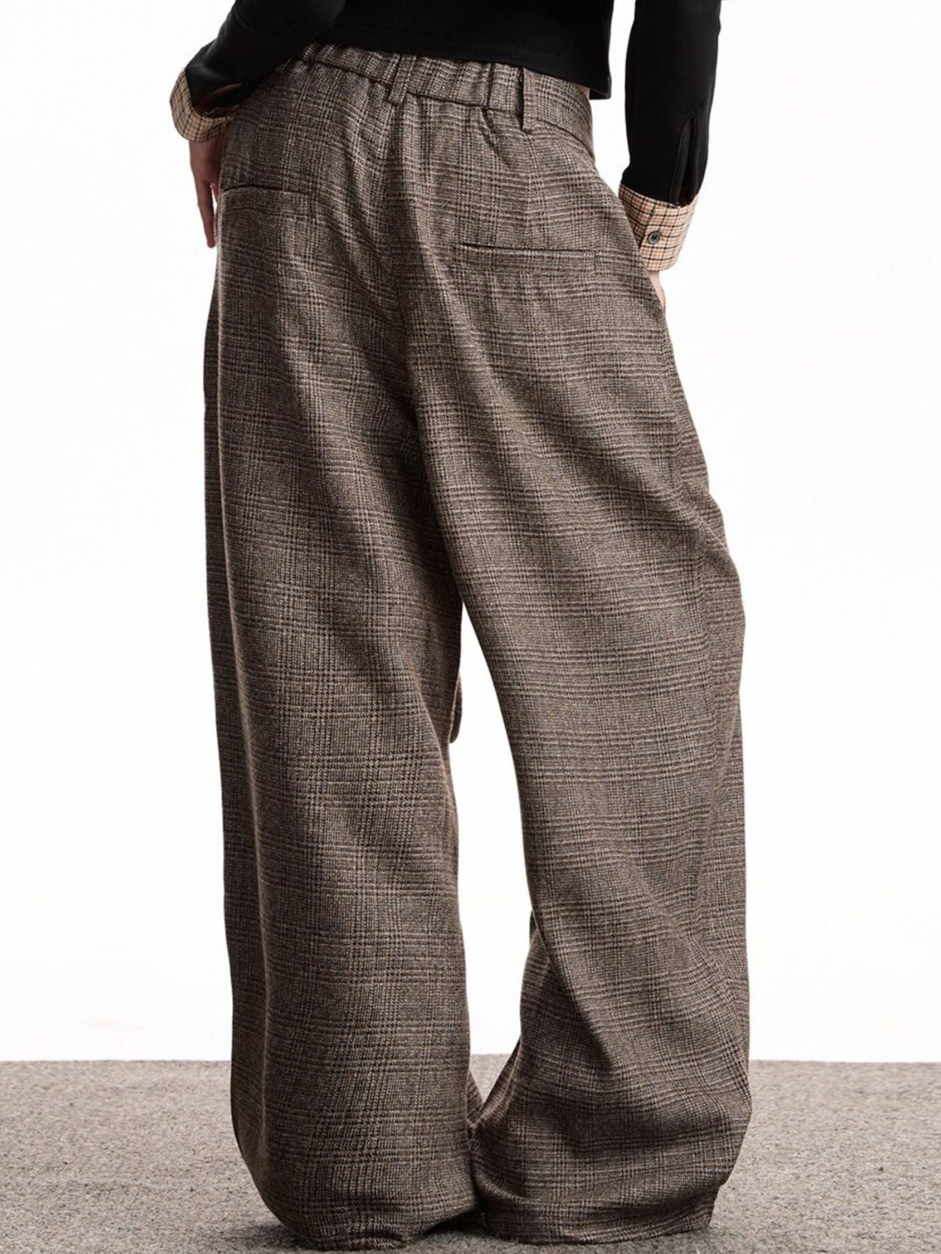 Men's brown plaid wide leg sweatpants with high waist and ankle length