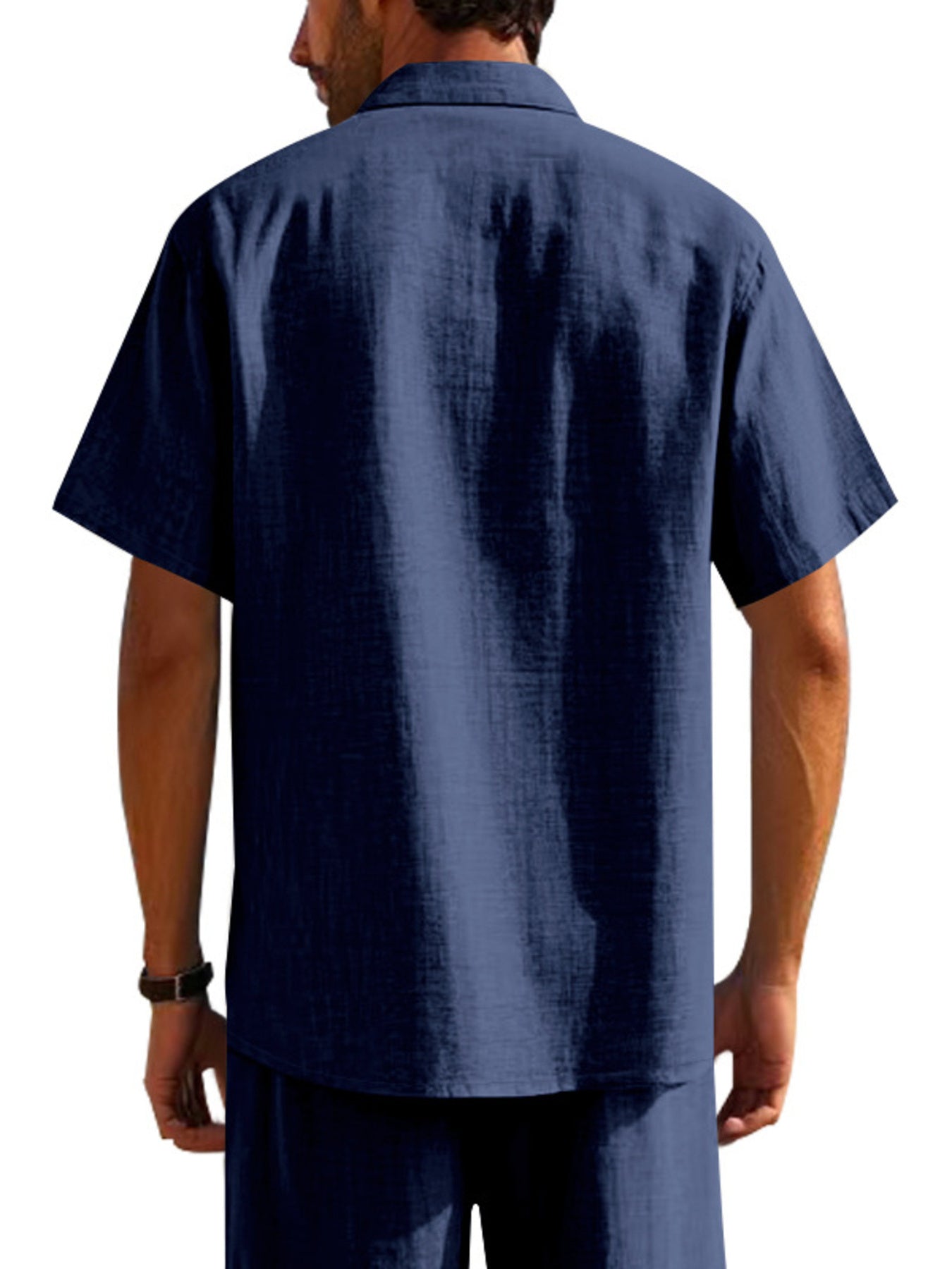 Classic short sleeve button-down shirt in navy blue with a collared neckline and textured fabric.