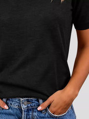 Classic Crew Neck Short Sleeve Knit Top in Dark Brown, close-up detail