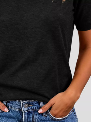 Classic Crew Neck Short Sleeve Knit Top in Dark Brown, close-up detail