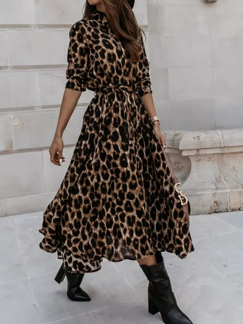 Leopard Print Button-down Midi Dress With Belt in regular leopard print, fit detail