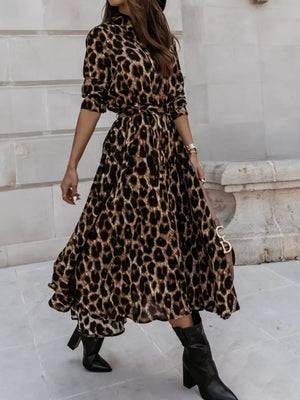 Leopard Print Button-down Midi Dress With Belt in regular leopard print, fit detail