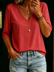 Full Size V-neck 3/4 Sleeve T-shirt Plus Size, back view