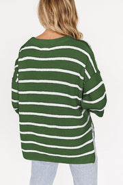 Dark green and white striped knit pullover sweater with a crew neck.