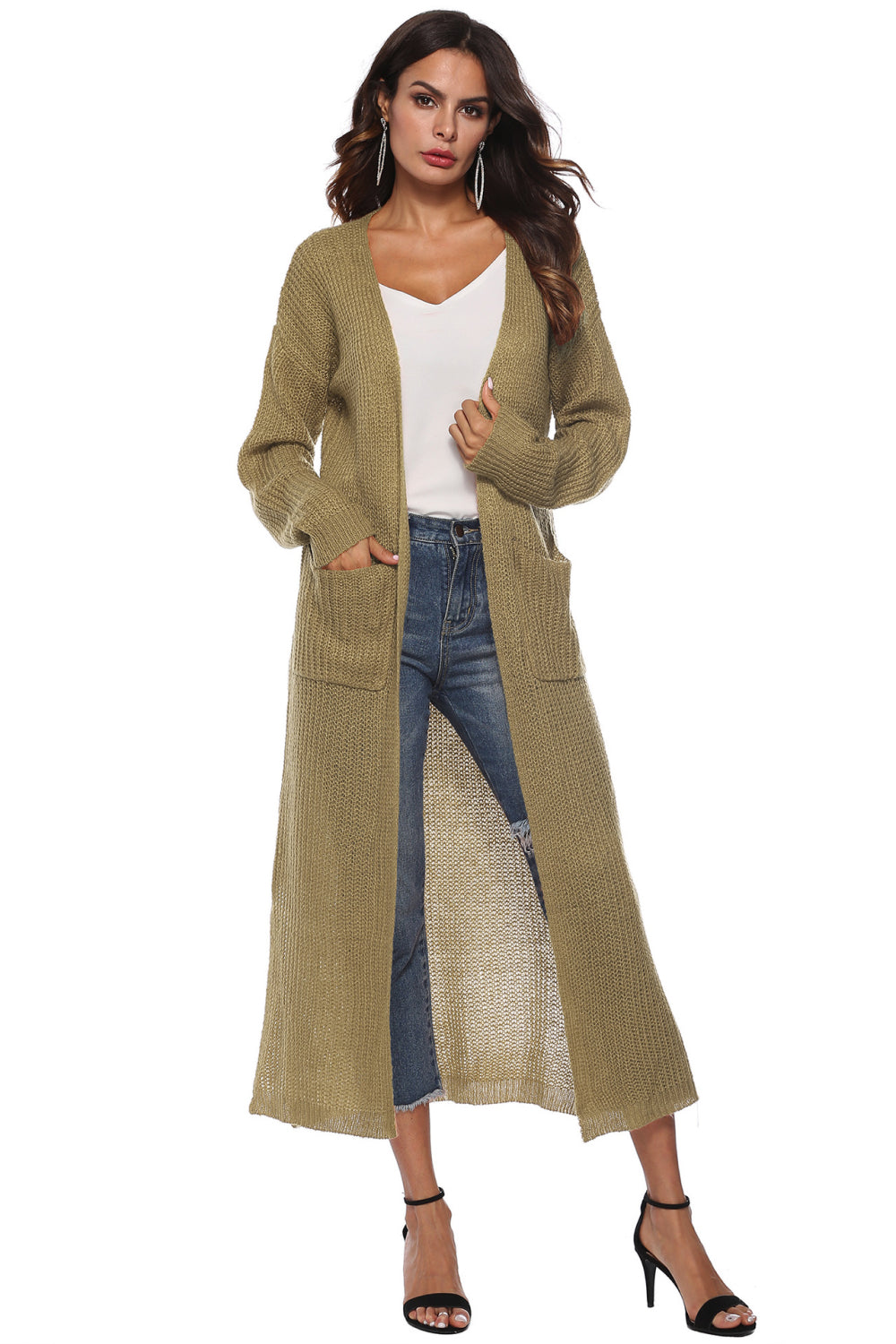 Longline knit cardigan in Army Green with pockets and side slits