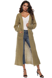 Longline knit cardigan in Army Green with pockets and side slits