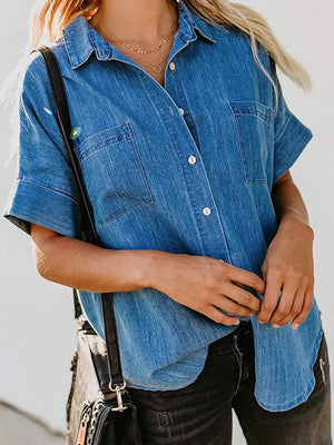 Denim button-front shirt in dark blue with short sleeves and two chest pockets.