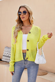 Banana Yellow raglan sleeve button-up knit cardigan with wooden buttons.