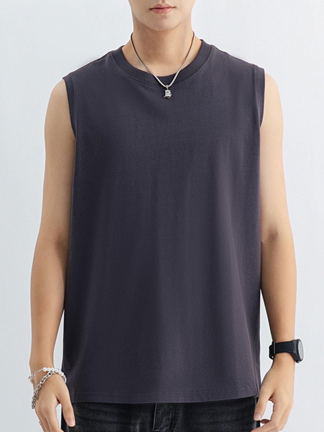 Men's dark gray cotton tank top with crew neck and sleeveless cut.
