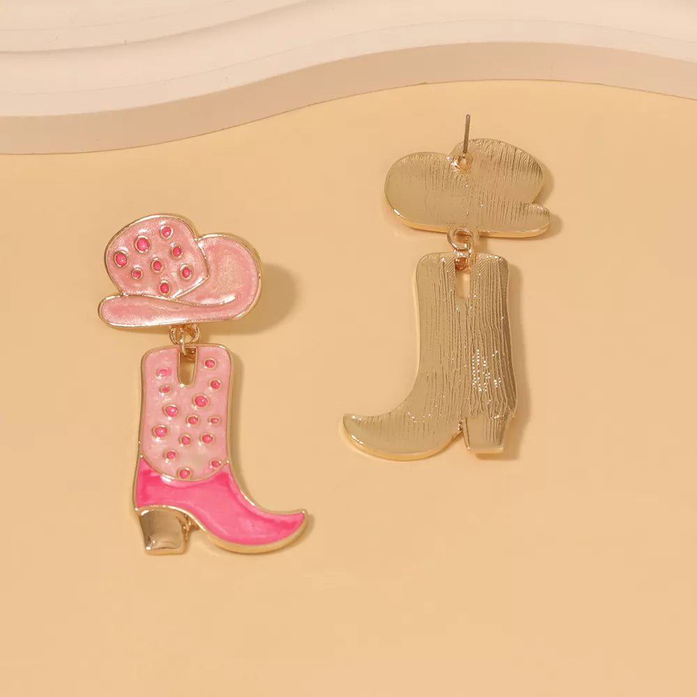Pink and gold cowboy boot and hat dangle earrings
