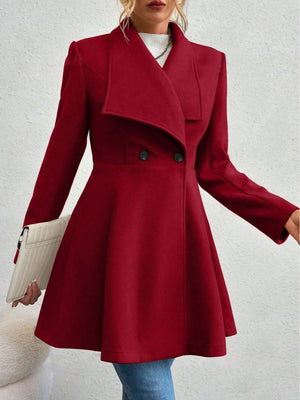 Rust draped collar flare-hem coat with double-breasted buttons and a chic silhouette.