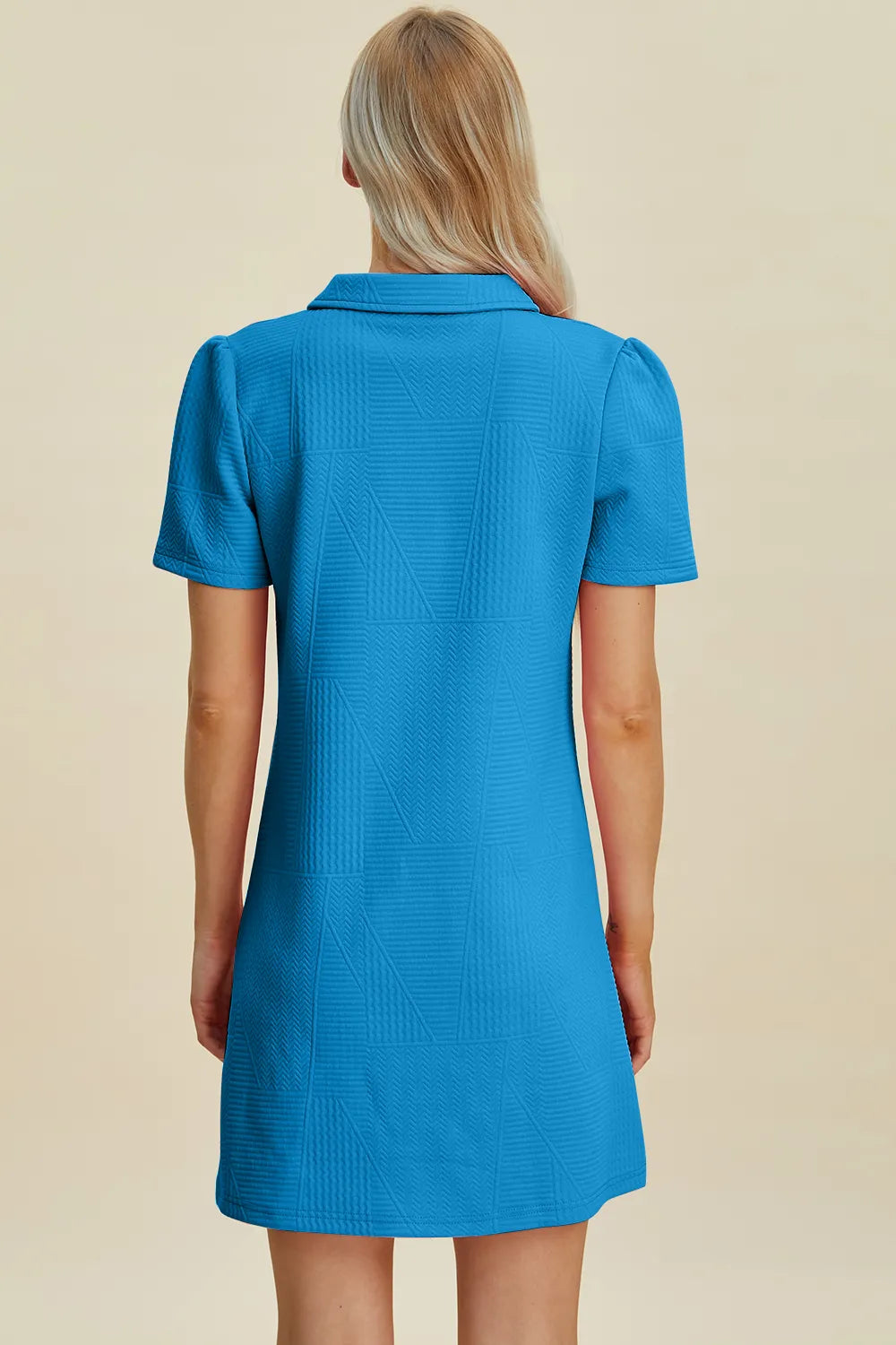 Textured sky blue short sleeve mini dress with geometric pattern and collar