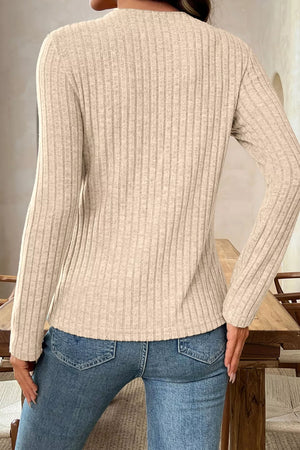 Ribbed Cowl Neck Long Sleeve Top in Khaki, fabric detail
