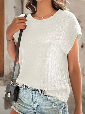 Textured Round Neck Short Sleeve Top in Malachite Green, product detail