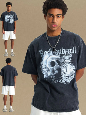 Black vintage rock graphic tee with skull and text print.