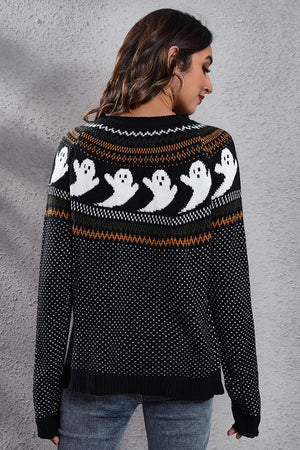 Black crewneck sweater with white ghost jacquard pattern and striped yoke.