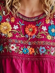 Plus Size Embroidered Floral Short Sleeve Top in Deep Rose, side view