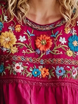 Plus Size Embroidered Floral Short Sleeve Top in Deep Rose, side view