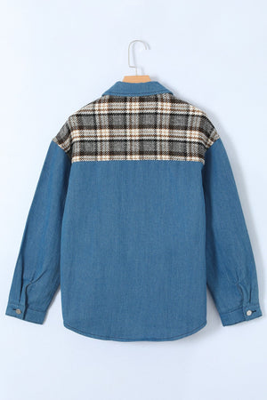 Light blue denim shirt jacket with plaid panel detail on the back yoke.