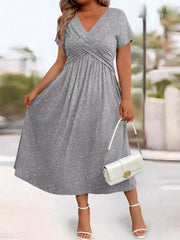 Full Size Glitter Flutter Sleeve Midi Dress Plus Size in Silver Gray, model styling view