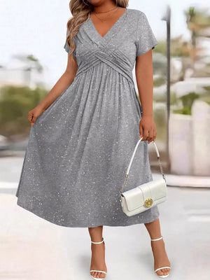 Full Size Glitter Flutter Sleeve Midi Dress Plus Size in Silver Gray, model styling view