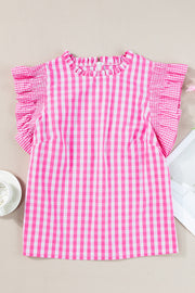 Fuchsia pink gingham blouse with mock neck and ruffled short sleeves.