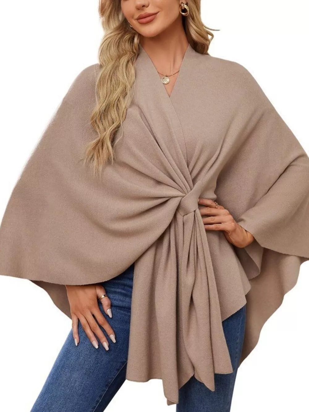 Tie-front knit cape top in tan with draped elegance and a V-neckline.