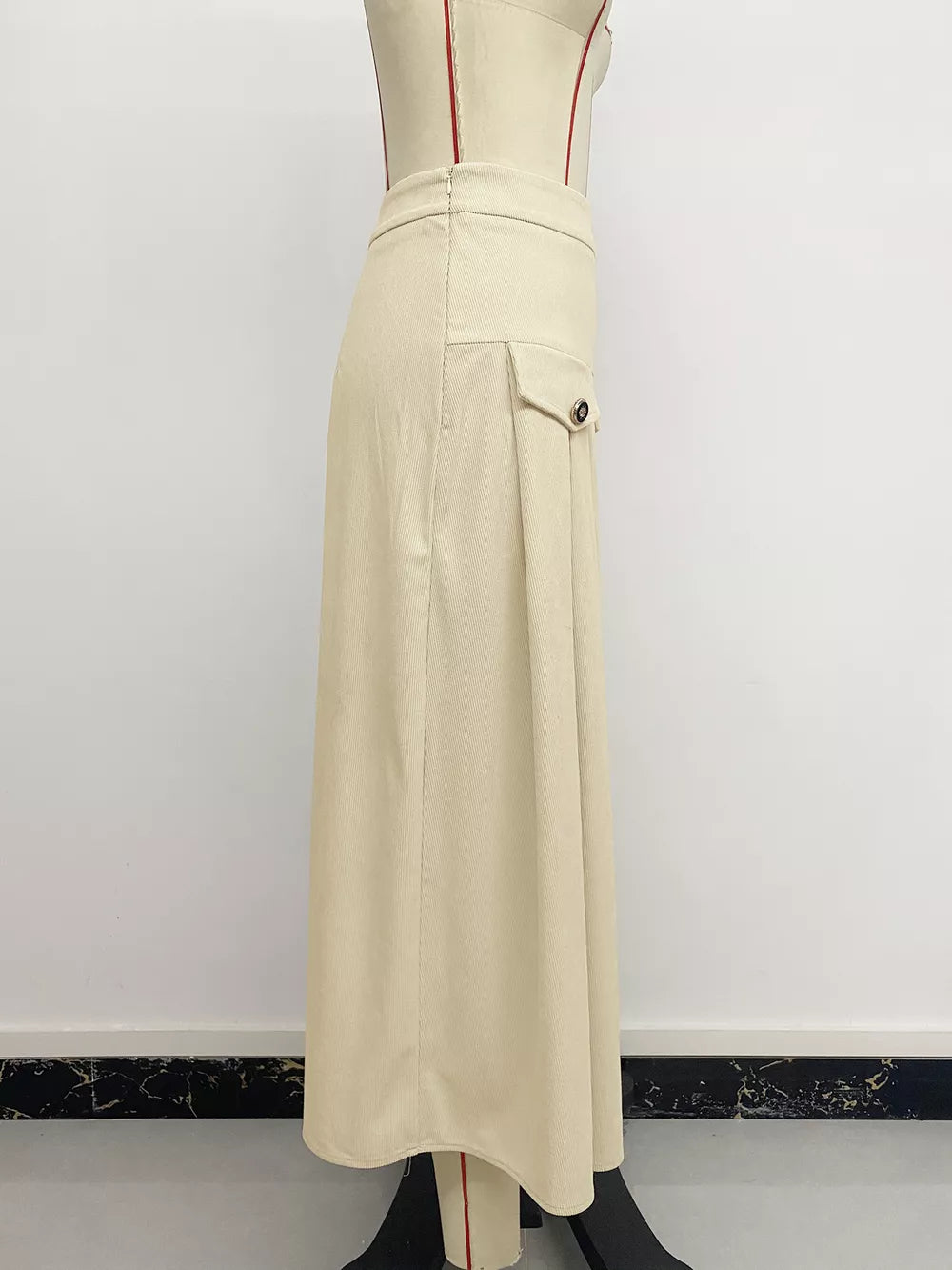 High Waist Pleated Midi Skirt in Khaki, fit detail